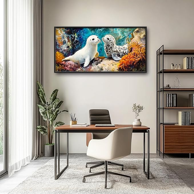 Extra Large Seal Framed Wall Art for Living Room,Oversized Underwater Animal Pictures Wall Decor,Ocean Coral Reef Canvas Print Painting Modern Artwork Bedroom Office Bathroom 60L x 30W