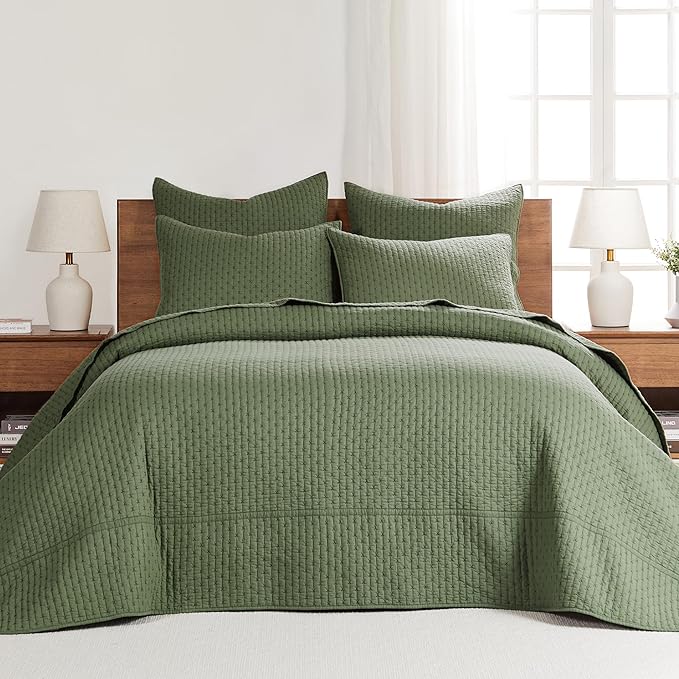 Levtex Home Cross Stitch Reversible Full Bedspread Set (100x104in) with 2 Pillow Shams (26x20in) - Stitch Texture - Forest Green - Cotton Full Size Bedspread Set - Lightweight, Soft, Pre-Washed