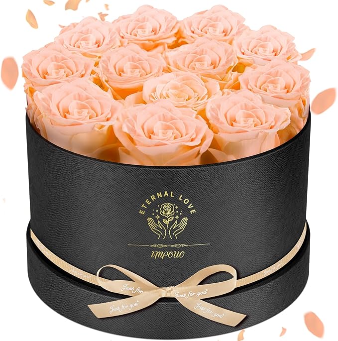 Forever Flowers,12 Roses in A Box, Real Preserved Flowers, Best Birthday, Wedding Gift for Her, Mom, Wife-Champagne Roses