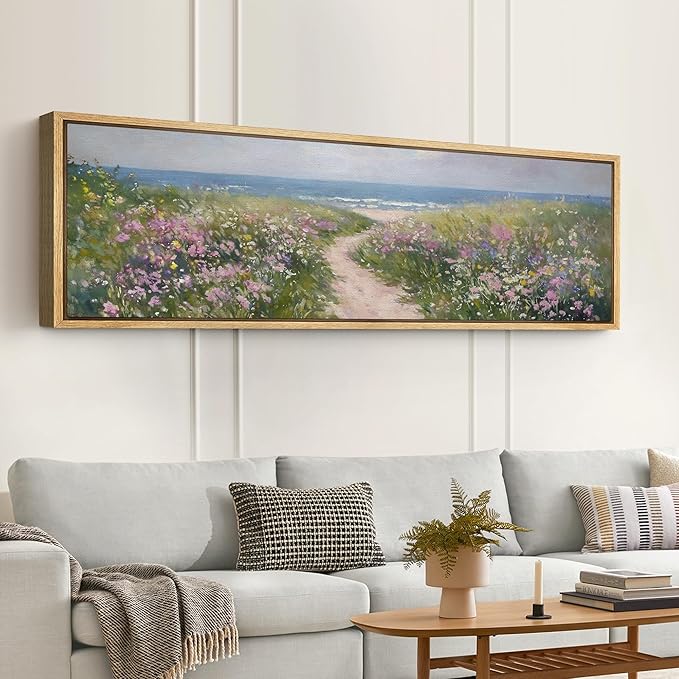 SIGNFORD Large Framed Canvas Print Wall Art Seaside Path with Wildflowers Coastal Landscape Illustrations Modern Art Relax/Calm Warm for Living Room, Bedroom, Office - 60"x20"