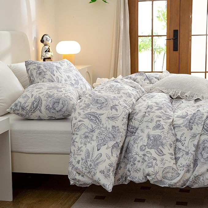 Queen Comforter Set Floral 3 Pieces Soft Bedding Comforter Set Garden Style Vintage Floral Botanical Flower Comforter Set for All Seasons 1 Comforter and 2 Pillowcases (Flower, Queen)
