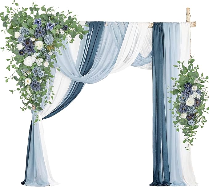 Wedding Arch Flowers with Drapes Kit (Pack of 5) - 2pcs Artificial Dusty Blue & Cream Deluxe Swag with 3pcs Hanging Drapes for Wedding Ceremony Arbor Reception Backdrop Rose Floral Decorations