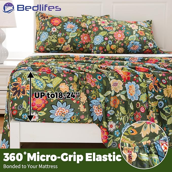 Bedlifes Extra Deep Pocket 18-24" Queen 4-Piece Sheet Set - Cooling Sheets Blend Rayon Derived from Bamboo Soft & Breathable Floral Dark Green