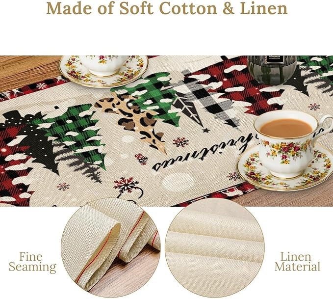 Christmas Tree Table Runner,Farmhouse Xmas Trees Buffalo Plaid Winter Snowflake Tablecloth Burlap for Hotel Indoors Outdoor Dining Room Kitchen Home Decor,W13X L108 in