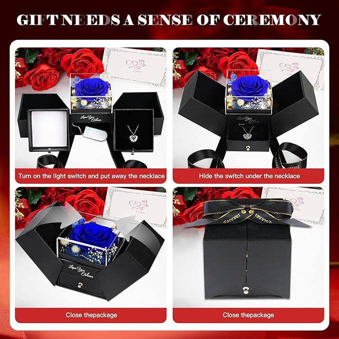 FIACO Gifts for Women Preserved Real Roses with I Love You Necklace Fresh Forever Flowers Birthday Gifts for Mom Grandma Wife Girlfriend on Anniversary Christmas Valentines Romantic Gift