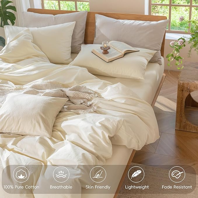 MooMee Bedding Duvet Cover Set 100% Washed Cotton Linen Like Textured Breathable Durable Soft Comfy (Solid Cream White, Alaska King 132"x120")