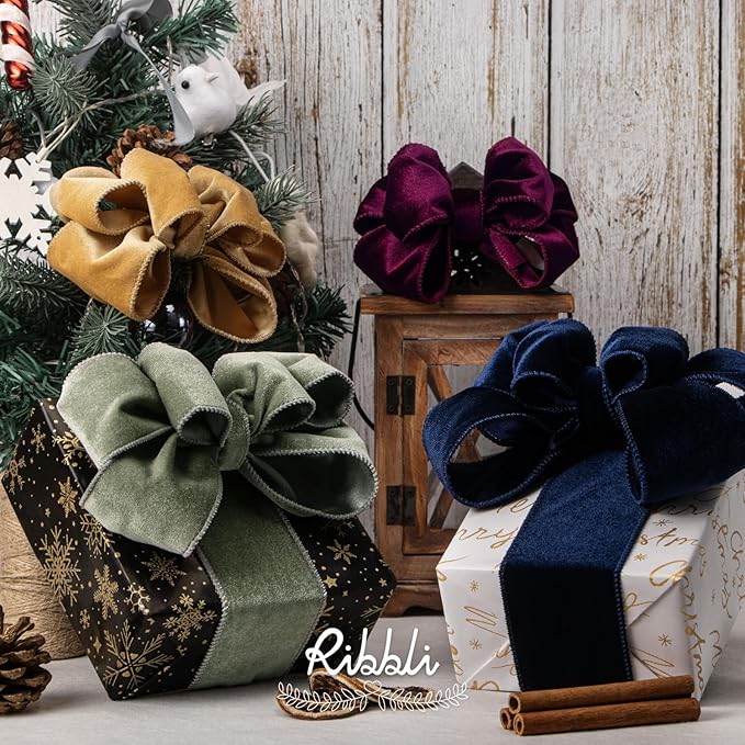 Ribbli Dusty Green Velvet Wired Ribbon 2.5 Inch Sage Velvet with Satin Christmas Ribbon for Gift Wrapping Christmas Tree Decoration Crafts Wreaths Supplies-Continuous 10 Yards