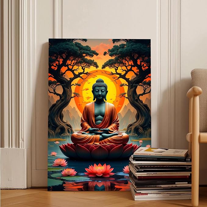 Canvas wall art Golden Buddha on lotus at sunset Ancient trees with reflections on water Serene meditation scene Uplifting wall art for mindfulness and tranquil home decor 16x24in Wood Framed