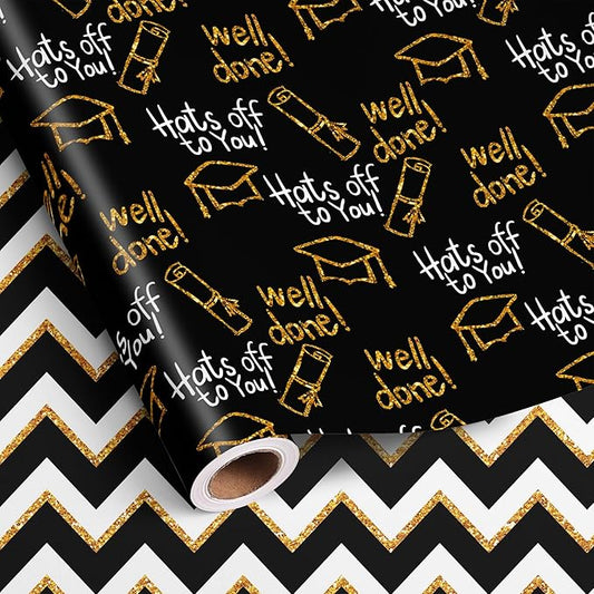 Altarho Reversible Graduation Wrapping Paper Set Rolls Black Gold Trencher Cap and Wavy Stripes Gift Wrap Sheets for Party Celebration Annusarily Back to School Total 28.5sq.ft