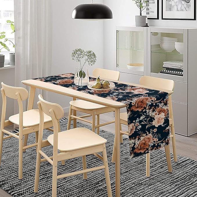 Vintage Flower Table Runner, Boho Black Dark Floral Plant Bohemian Watercolor Spring Garden Botanical Art Table Cover for Holiday Farmhouse Kitchen Dining Table Decor, 13x70inch