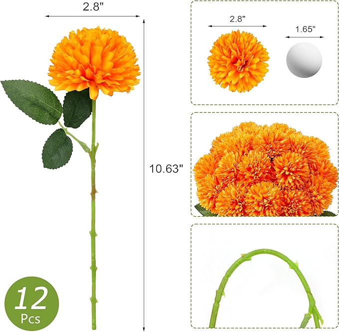 SITUMEIZI 12 Pcs Orange Artificial Chrysanthemums Flowers Ball Flower Fake Mums Silk for Fall Decor Halloween Thanksgiving Day Wedding Home Kitchen Decoration Floral Arrangement