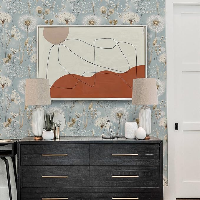 Dandelions and Wildflowers Peel and Stick Wallpaper Soft Gray and Blue Self Adhesive Removable Leaf Floral Contact Paper Nursery Bedroom Mural Wall Decorative 17.71"x118.1"