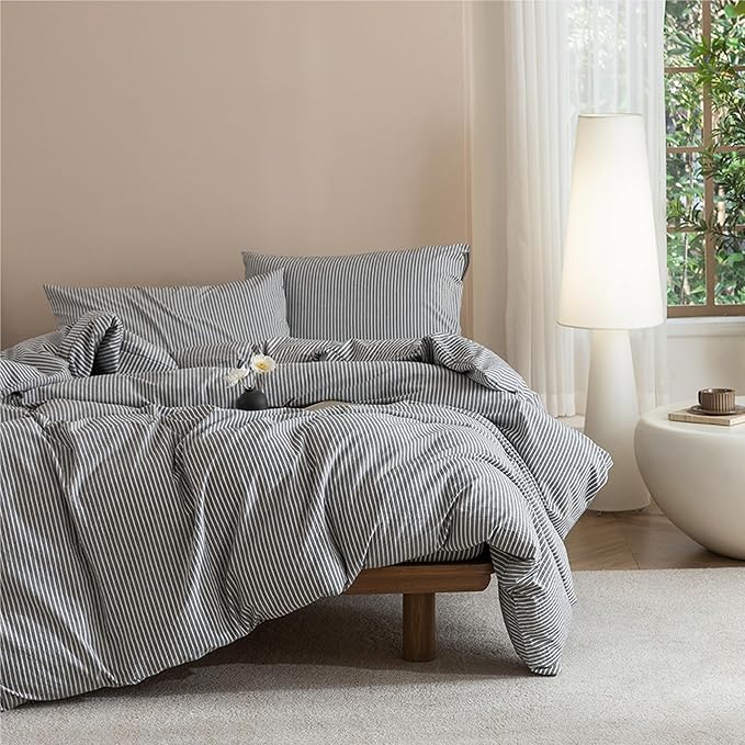 JIYUAN 100% Washed Cotton Striped Duvet Cover Set 3 Pieces Queen, 1 Duvet Cover and 2 Pillowcases(Comforter Not Included),Linen Like Comfy and Breathable,Pinstripes-Heathered Dark Grey White
