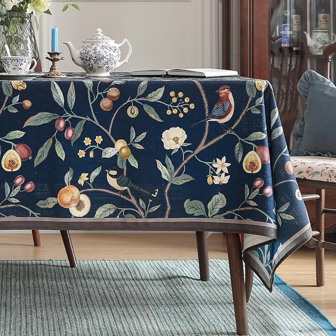 Linen Table Cloth Rectangle,Wrinkle Resistant French Blue Tablecloth Print with Froal,Decor Stitch Table Cloth for Thanksgiving,Dining Room,Home,Kitchen 63" × 110"-DeweyA Blue