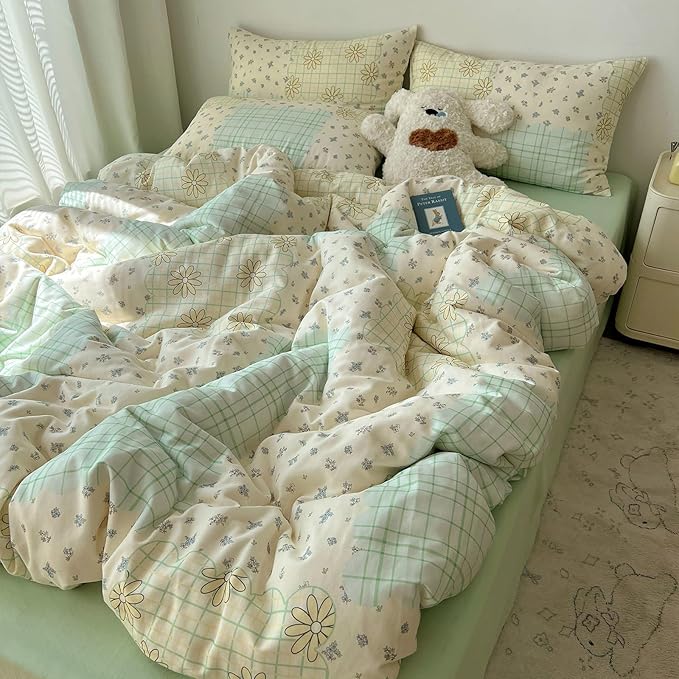 LifeTB Muslin Duvet Cover Queen Size 100% Cotton Botanical Floral Comforter Cover Aesthetic Flower Chic Plaid Desgin Cottagecore Bedding Set Breathable Soft Gauze Duvet Cover with 2 Pillowcases