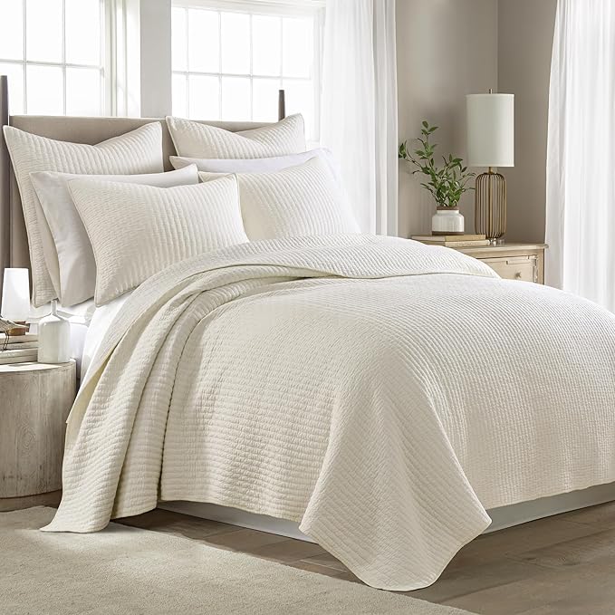 Levtex Home - Cross Stitch Quilt Set - 100% Cotton - King Quilt (106x92in.) + 2 King Shams (36x20in.) - Cream