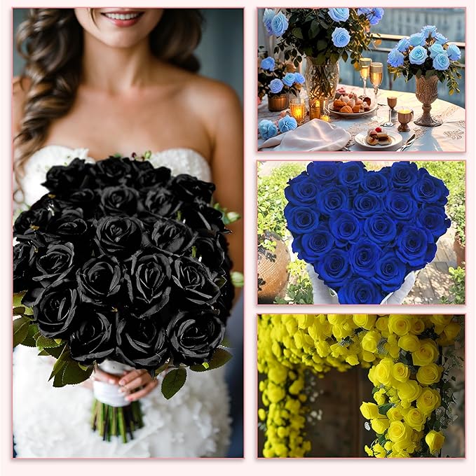20PCS Artificial Roses with Long Stems - Realistic Silk Flowers, Fake Roses Real Touch Bouquet of Roses for Home Decor, Bridal Wedding Party Table Centerpieces, Bulk Faux Rose Flowers (Black)