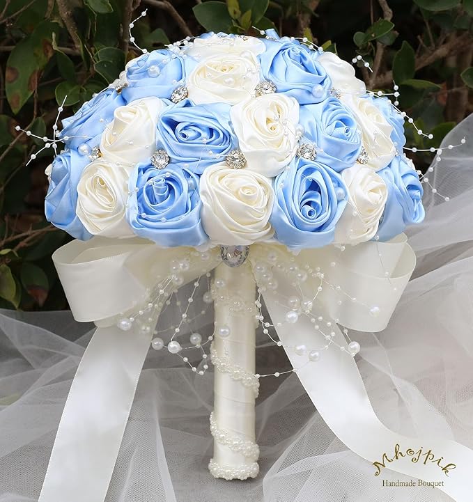 Bridal Wedding Bouquet Round Bling Brooch Bouquet Throw Toss Artificial Rose Flower Bunch for Bride Bridesmaid Wedding Quinceanera(Light Blue & Ivory, 8.7")