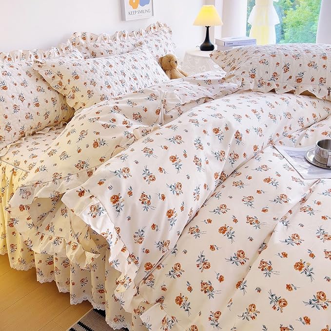 EAVD Cute Garden Floral Duvet Cover with Ruffles Soft Cotton Chic French Romantic Floral Bedding Set with 2 Pillowcases Reversible Botanical Print Duvet Cover with Zipper Closure