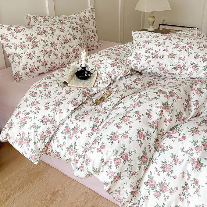 Girls Floral Duvet Cover Twin Pink White Floral Bedding Set Vintage Rose Flower Printed Duvet Cover Cotton Floral Comforter Cover Botanical Aesthetic Bedding Set 1 Twin Duvet Cover with 2 Pillowcases