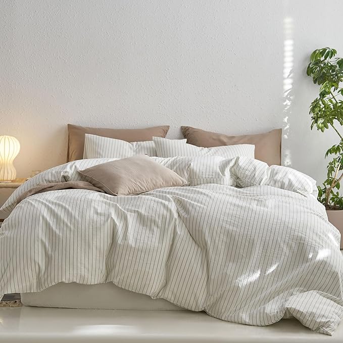 MooMee Striped Duvet Cover Set 100% Washed Cotton Linen Like Textured Breathable Durable Soft Comfy (White Sage Green Wide Stripes, King 104"x90")