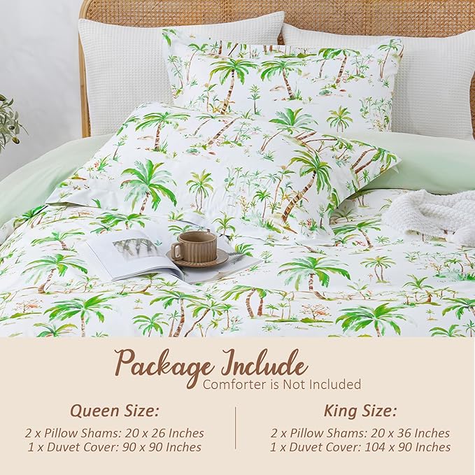 LONAVA King Tropical 3 Pcs Duvet Cover Set, Breathable Soft Microfiber Sage Green Lining Comforter Cover with Zipper Closure, and 2 Anti-Pilling, Fade Resistant Pillowcases, Summer Tree