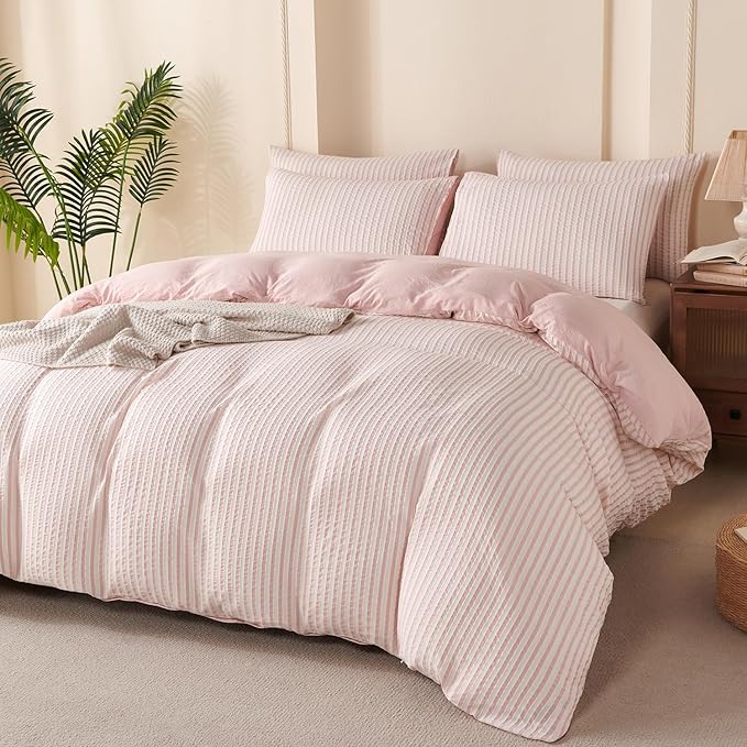Striped Duvet Cover Set Queen Pink Washed Microfiber Jacquard 3 Pieces Bedding Set, White Pink Vertical Ticking Stripes Pattern Comforter Cover with Zipper Closure Breathable Durable Soft Comfy