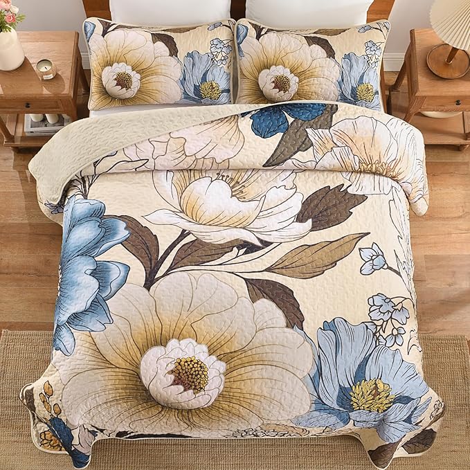 Dintszyayue Khaki Quilt Set Queen,3 Pieces Beige Floral Bedspreads Lightweight Coverlet Set for All Seasons, Reversible Quilted Printed Bedding Set with 2 Pillow Shams