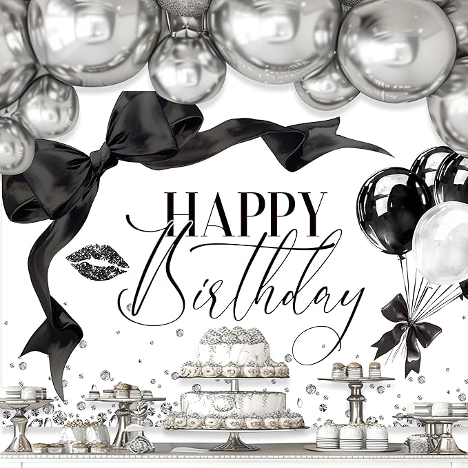 Black Bow Happy Birthday Banner Backdrop 7Wx5H Photography Girls Coquette Birthday Decorations Black White Bowknot Balloons Background Women Bachelorette Party Photo Booth Props Supplies
