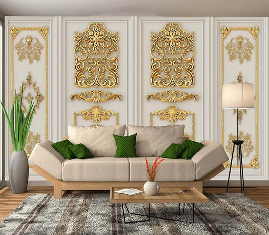 Eierme-Interior Walls with Golden Relief Patterns Mural Wallpaper Peel and Stick 160" x 114"