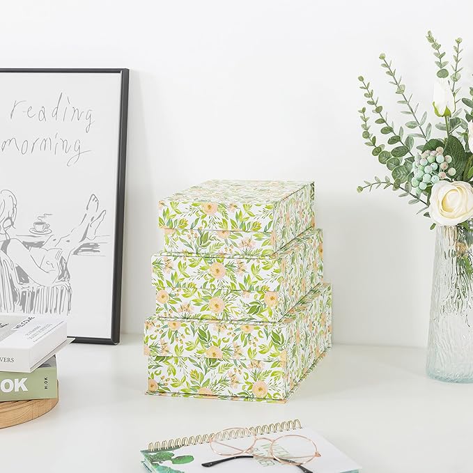 Soul & Lane Decorative Cardboard Storage Boxes, Set of 3 Floral Pattern Keepsake Boxes with Magnetic Closure, Nesting Memory Storage for Organizing and Home Décor, Garden Rose