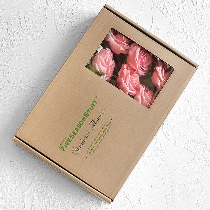 FiveSeasonStuff Fake Roses Wedding Flowers Real Touch Silk Champagne Pink Artificial Flowers 12 Stems