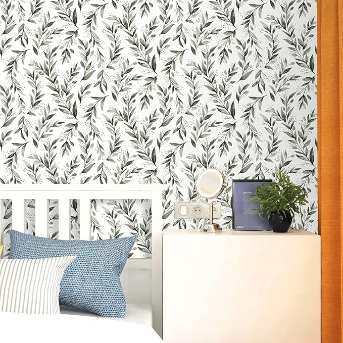 Erfoni Dark Green Leaf Wallpaper Green Peel and Stick Wallpaper 17.7in x 118.1in Modern DIY Removable Contact Paper Leaves Plant Self Adhesive Wall Paper for Livingroom Bathroom Decor Vinyl Roll