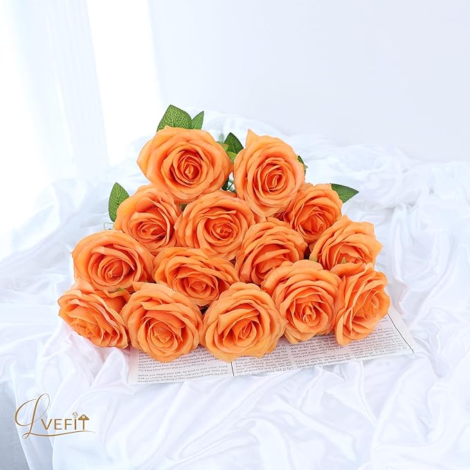 12pcs Artificial Rose Flower Orange Rose Orange Flower with Long Stem Silk Roses Bouquet for Wedding Bridal Shower Party Home Decoration