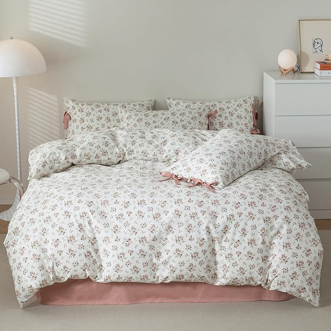 Pink Floral Duvet Cover Set Queen Vintage Style Cozy Cotton Soft Comforter Cover Queen 3 Piece for Girl Teen,Room Decor Boho Flowers Bedding Duvet Cover with 2 Pillowcases with Bow Ties
