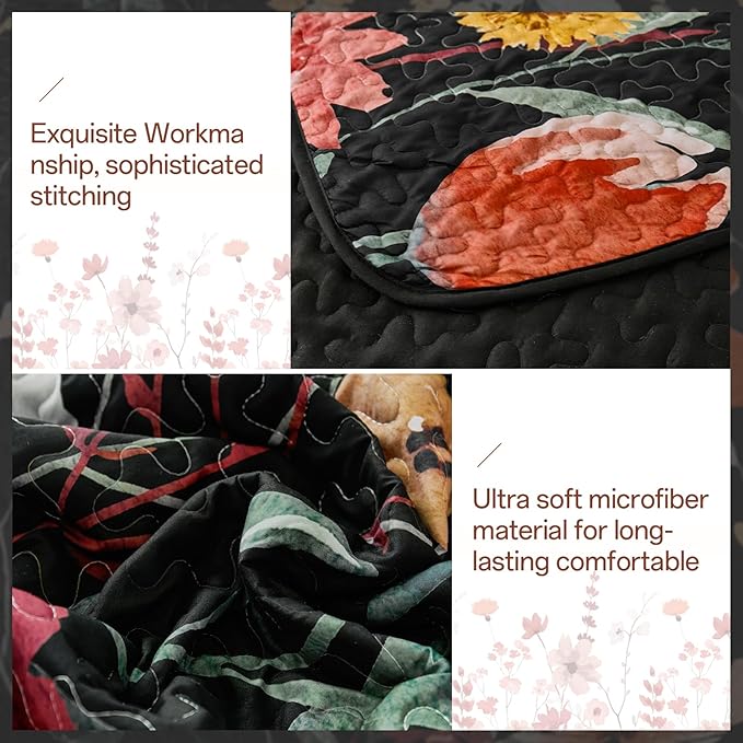 Anibedding Black Quilt Set King Size, Colorful Floral Bedspread with 2 Pillowcases, Soft Microfiber Lightweight Coverlet Bedding Set for All Season(104"x90")