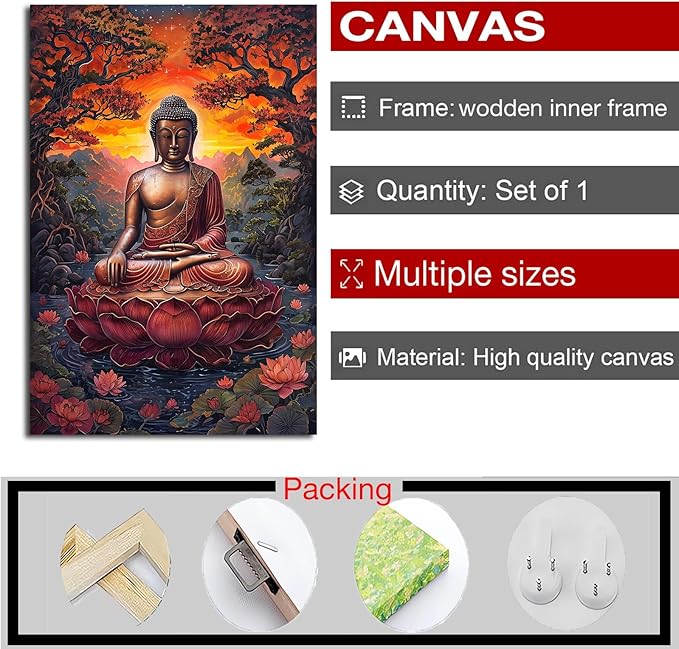 Golden Buddha on lotus seat serene meditation statue amidst lush trees flowing water and sunrise light spiritual home art for a tranquil decor 28x40in Wood Framed