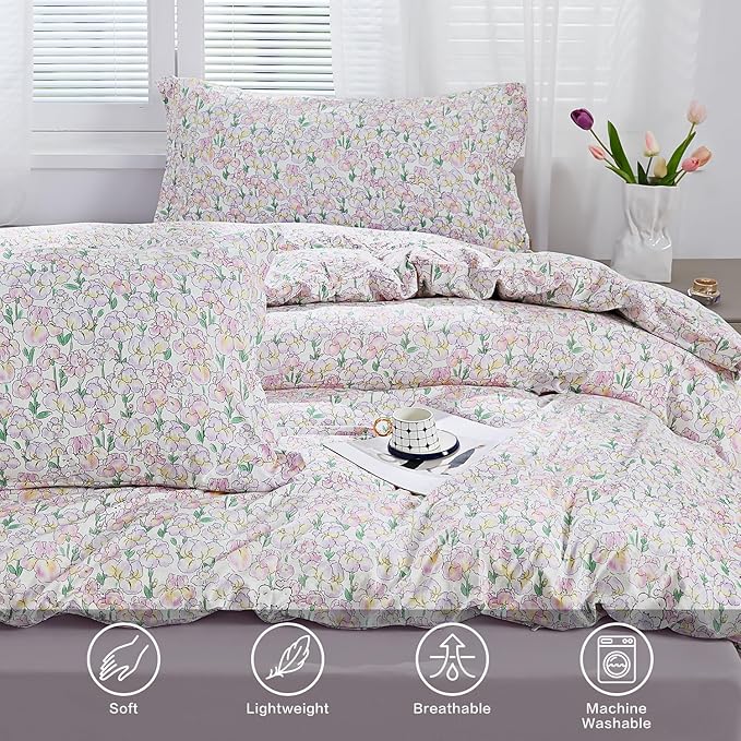 SAPHREAS King Size Pink Iris Floral Duvet Cover Botanical Floral Leaves Pattern Comforter Set Cute Bear Duvet Cover Lightweight Soft Microfiber 3pcs 1 Duvet Cover 2 Pillow Shams