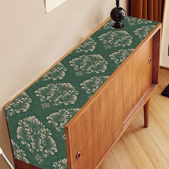 Vintage Damask Table Runner, Green Classical Luxury Old Fashioned Damask Royal Victorian Floral Print Table Center Decor for Family Kitchen Table Decorations Indoor Outdoor 13x90 inch