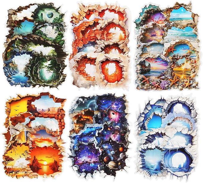 60Pcs Broken Wall Illusion Scrapbook Stickers, PET Fantasy Ephemera for Journaling, Craft Supplies and Junk Journal