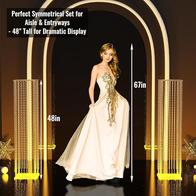 2-Pack 48" Clear Acrylic Wedding Pillars with Remote LED Lights, Crystal Bead Flower Pedestal Stands for Elegant Wedding Ceremony, Party, Holiday Events & Seasonal Decorations
