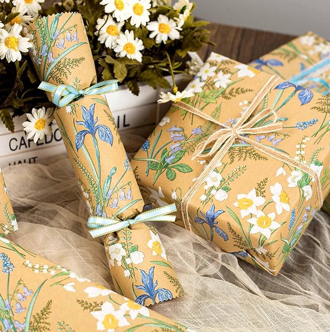 MAYPLUSS Kraft Floral Wrapping Paper - 17Inch x 33Feet - Elegant Meadow Gift Wrap Boho Garden Watercolor Flower Gift Wrapping Paper for Birthday, Wedding, Mothers Day, Bridal Shower, Engagement