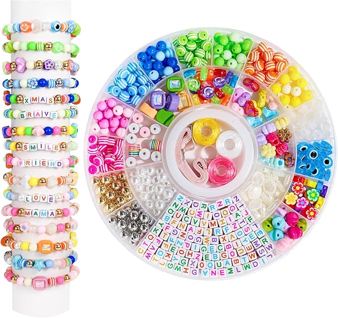 594PCS Bead Bracelet Making Kit for Kids,Colorful Pony Beads Pearl Shell Flower Evil Eyes Star Carft Friendship Bracelet Necklace Jewelry Making Supplies Kit Gifts for Boys Girls Women