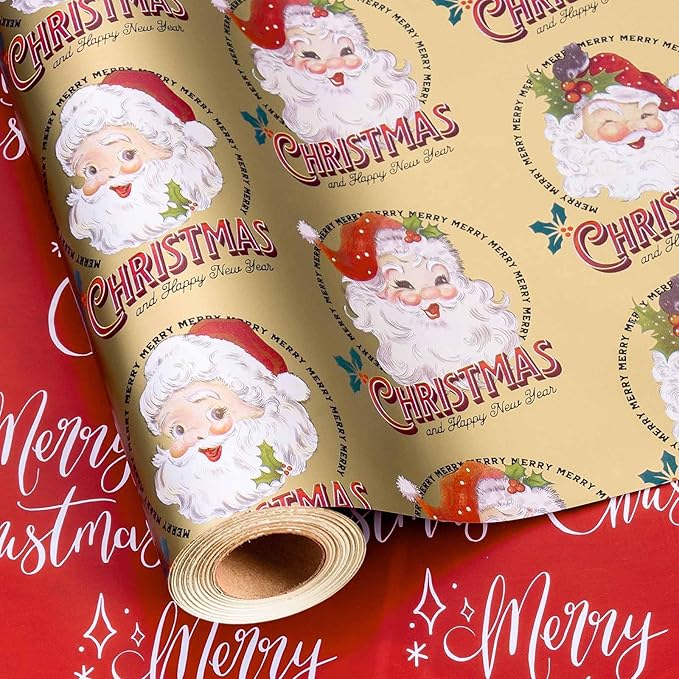 MAYPLUSS Christmas Wrapping Paper - 17 Inch X 33 Feet - Santa Claus Reversible Merry Christmas Gift Wrapping Paper, Metallic Foil Thick Gift Wrap Paper for Holiday Party New Year Kids