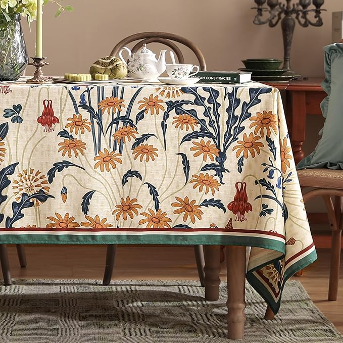 French Vintage Rectangular Tablecloth,Linen Extra Long Tablecloth with Gold and Red Floral Pattern,Decorative Table Cover for Kitchen,Dining,Thanksgiving,Living Room,63" × 110"-Tijuana