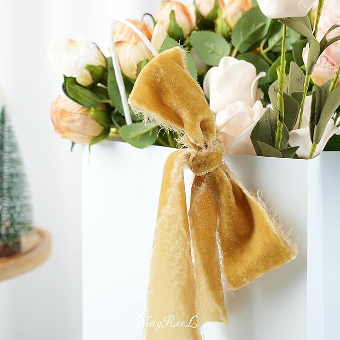 MAYREEL 2 Inch Gold Velvet Ribbon Hand Torn Golden Silk Frayed Edge for Bridal Bouquets Invitations Wedding Vow Books Gift Baskets Hair Bows 3 Yards