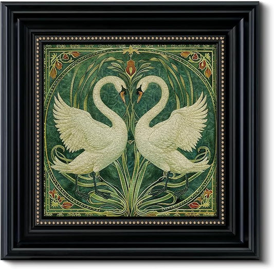 Vintage 3D Textured Romantic Swan Couple Wall Art 16x16, Victorian Framed Swan Art Painting Sandstone Surface, Classic Black Frame with Gold Dots, Art Nouveau Animal Print Shop Home Decor