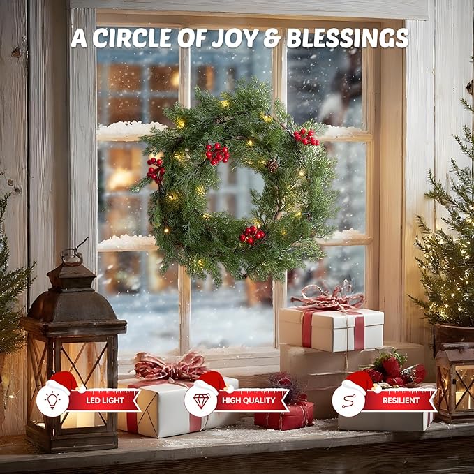 2Pack 6FT Christmas Garland Faux Cypress Pine Cedar Garland with 20 LED Lights, Holiday Garland for Home, Wedding, Party Decorations