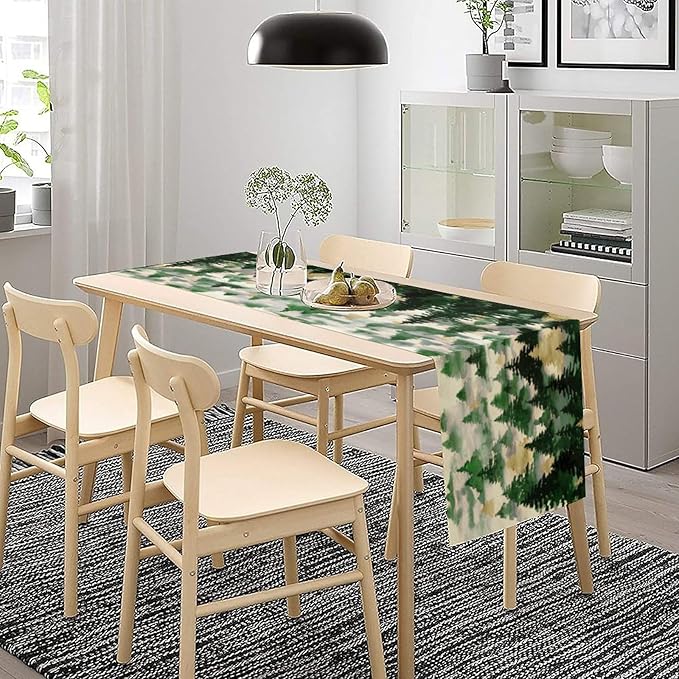Watercolor Green Pine Trees Table Runner, Forest Woodland Tabletop Scarf Home Kitchen Holiday Decor, Seasonal Farmhouse Rustic Dining Decorations Party Supply 13 X 36 Inch