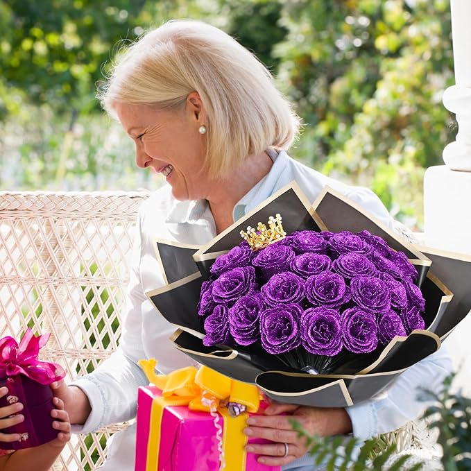 Waipfaru 36 Pcs Glitter Roses Bouquet, DIY Fake Flowers Bouquet, Artificial Purple Rose Bouquet for Valentines, Mothers Day Gifts, Anniversary, Engagement, Wedding